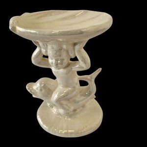 1969 Luster Iridescent Pedestal Soap Dish Cherub Boy on Dolphin Artist Sign 7.5"